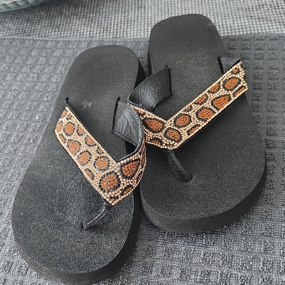 YellowBox Black Sandals with Leopard Print Straps Size 7